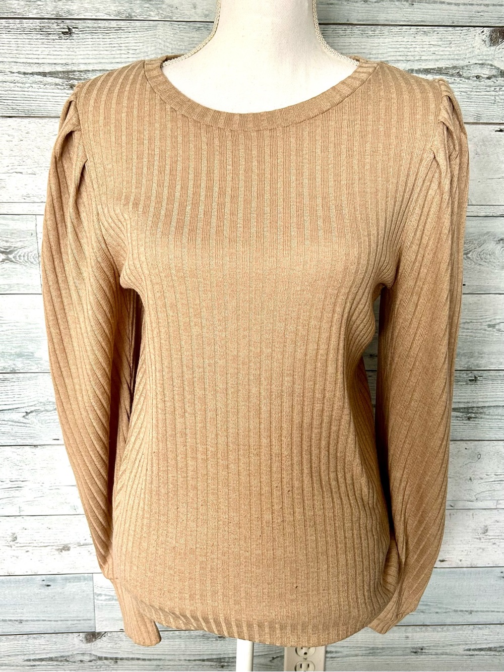 HT Ribbed Crewneck Sweater in Light Camel with Puff Sleeves